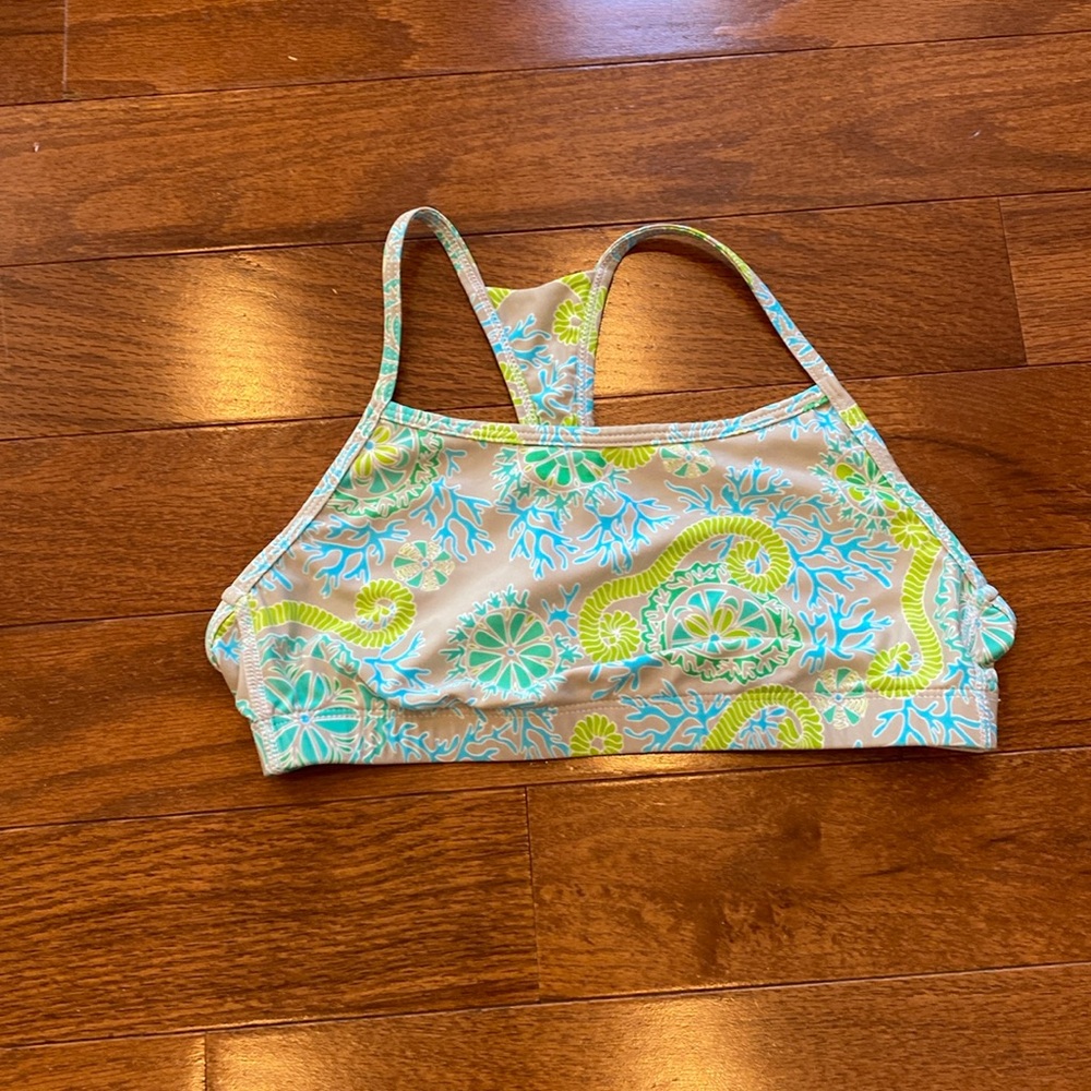 Girls, tan, green, and blue, bikini top.